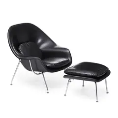 Eero Saarinen, Womb Chair and Ottoman, , chrome plated steel, leather, ottoman with original Knoll paper label on underside