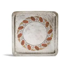 Claudius Linossier, Dinanderie Dish, hammered silver with copper inlay, signed