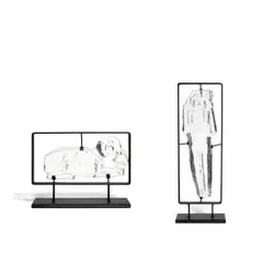Erik Höglund, Man and Child & Ram (Two Sculptures), cast glass with painted steel stands, stamped 'BODA' on the underside of each stand