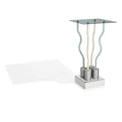 Le Strutture Tremano Table by Ettore Sottsass, for Studio Alchimia, enameled metal, glass, laminate covered wood, sold Sep 2020