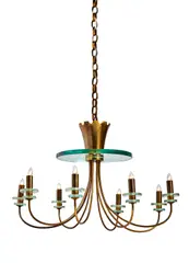 Eight-Light Chandelier by Italian Modern, brass, glass, offered Jul 2020