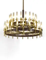 Jacques Adnet, Bespoke Chandelier, for Compagnie des Arts Français, leather, brass, glass