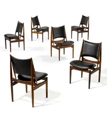 Finn Juhl, Set of Six Egyptian Chairs, for Niels Vodder, Brazilian rosewood, vinyl upholstery, each branded 'NIELS VODDER CABINETMAKER/COPENHAGEN DENMARK/DESIGN: FINN JUHL'