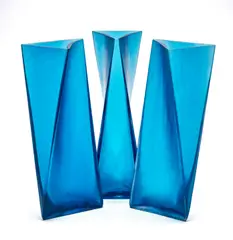 Tadao Ando, Set of Three 'Rosetta', 'Ghiaccio' and 'Velato' 'Ando' Vases, sold together with catalogue and certificate of purchase, for Venini from the edition of thirty, completed in 2015, cast aquamarine glass