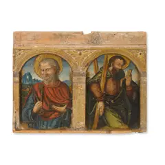 Spanish School, St. Peter and St. Andrew; St. James the Greater and St. Paul (a pair) Property from the Collection of Edward and Mildred Lewis, both tempera on panel; each with a giltwood double arched architectural style frame