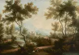 North Italian School, An extensive landscape with a traveler resting near a bridge
