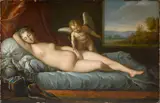 François Boucher, Venus reclining before a curtain attended by Cupid, oil on canvas
