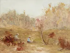 William John Hennessy, Two figures in a clearing, oil on board