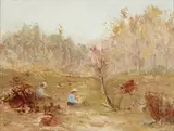 William John Hennessy, Two figures in a clearing, oil on board