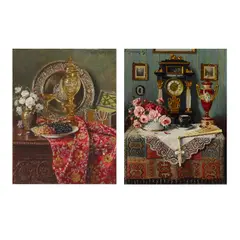 An elaborate still life with roses, a clock, and a fan on a draped table; and a companion painting (a pair) by Ernst Czernotzky, both oil on panel, offered Jul 2020