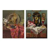 Ernst Czernotzky, An elaborate still life with roses, a clock, and a fan on a draped table; and a companion painting (a pair), both oil on panel