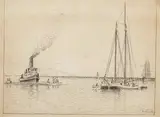 William A. Coulter, San Francisco Wreck; Capsized Blairmore with tug Alert and Scow Schooner Twin Sisters, pen and ink on paper