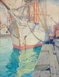 Joe Duncan Gleason, Barkentine Georgina at San Pedro, California, oil on canvasboard