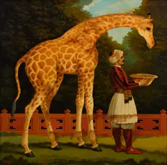William Skilling, A feeding giraffe, oil on canvas