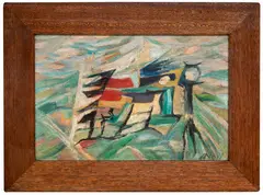 Alexandre Noll, Untitled, oil on board in an Alexandre Noll oak frame, in pencil on the reverse 'AOUT 1968'