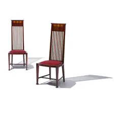 Glasgow School, Pair of Hall Chairs, inlaid mahogany, velvet upholstery, patinated metal studs