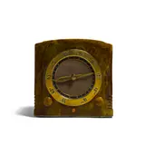 Kadette K 25 Clockette by International Radio Corporation, green catalin with matching knobs, brass, metal mesh, with KADETTE decal on face, sold May 2020