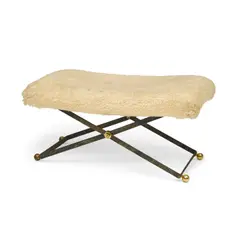 X Form Bench by William Haines, patinated iron, brass, sheepskin, sold May 2020
