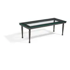 William Haines, Custom Rectangular Cocktail Table, patinated metal, polychromed wood, beveled glass