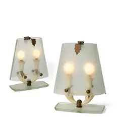 Rare Pair of Table Lamps by Pietro Chiesa, for Fontana Arte, frosted glass, brass, enameled brass, offered May 2020