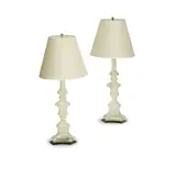 Tony Duquette Studios, Pair of Floor Lamps, cast resin on velvet-clad wood base with fabric shades