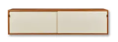 Hanging Cabinet by Florence Knoll, model 121 W-1, for Knoll Associates, lacquered wood, walnut and leather, sold May 2020