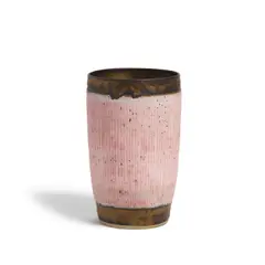Dame Lucie Rie, Vessel, glazed stoneware with bronze-toned manganese, vertical sgraffito banding to exterior, impressed on underside 'LR'