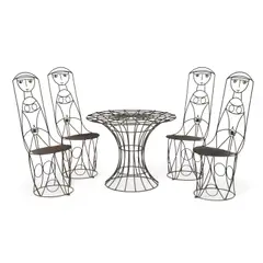 John Risley, Dining Suite, enameled steel, comprising a table and four Nun chairs, unmarked