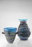 Ermanno Nason, Unique Scavo con Decorazione Applicate Vase, for Vetreria Gino Cenedese, clear applied with blue glass and scavo surface treatment