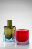 Antonio da Ros, Rare Coppa Cilindrica and Flacone Quadrato Vase, for Vetreria Gino Cenedese, sommerso glass, paper label to each 'MURANO cenedese VETRI'