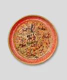 Jean Mayodon, Rare Large Earthly Paradise Charger, stoneware with polychrome glaze and gilt highlights, stamped with artist's monogram
