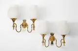 Pair of Wall Lamps by Angelo Lelii, for Arredoluce, brass, acid frosted glass, offered Dec 2019