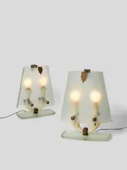 Rare Pair of Table Lamps by Pietro Chiesa, for Fontana Arte, frosted glass, brass, enameled brass, offered Dec 2019