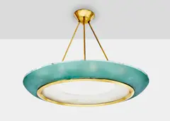 Ceiling Light by Max Ingrand, for Fontana Arte, acid frosted and tinted glass, brass, sold Dec 2019
