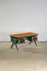 Silvio Berrone, Desk, for glass, brass, faux leather, oak, acid etched stencil to glass drawer fronts 'Vitrex'
