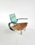 Danny Lane, Unique Greenback Chair, steel, float glass, knotted elm, five pence coin, ink mark 'Danny Lane 97 1/1'
