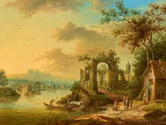 Franz Hochecker, Flusslandschaft mit Fährbooten und Ruinen am Ufer, Öl auf Leinwand