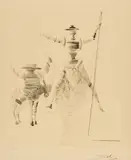 Salvador Dalí, Don Quichotte et Sancho Panca, 1968, Farbaquatinta auf Auvergne a la main (Wasserzeichen)