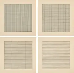 Agnes Martin, Paintings and Drawings. 1974-1990, 1991, Mappe mit 10 Farblithografien auf Transparentpapier