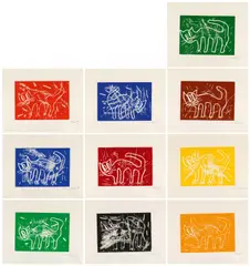Katze by André Butzer, 2009, Vollständige Serie aus zehn Blättern mit unterschiedlicher Farbgebung, sold Nov 2022