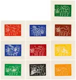 André Butzer, Katze, 2009, Vollständige Serie aus zehn Blättern mit unterschiedlicher Farbgebung