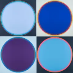 Lothar Quinte, Corona 60 hellblau/dunkel, Corona 70 violett/hell, Corona 60 blau/hell und Corona 60 grau/schwarz, 1972, Jeweils: Farbserigrafie auf Karton