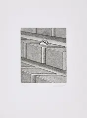 Konrad Klapheck, Patience (früher: Schnellelement auf Terrassen), 1979, Radierung auf Bütten, eingelegt in einen Ausstellungskatalog der Galerie Lelong, Paris