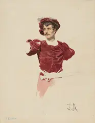 Franz Skarbina, Studie eines Mannes mit Hellebarde, Aquarell über Bleistift auf Karton