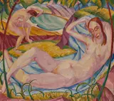 Hermann Mühlen, Liegende Akte, 1920, Mischtechnik auf Leinwand