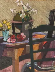 William Straube, Stillleben mit Lilien und einem Globus, Pastell auf Papier