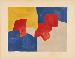 Komposition in Blau, Grau, Rot und Gelb by Serge Poliakoff, 1966, Farblithografie auf BFK RIVES (Wasserzeichen), sold Oct 2022