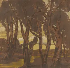 Ludwig Dill, Flusslandschaft mit Birken, 1918, Mischtechnik (Gouache und Pastell) auf Karton