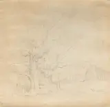 Carl Spitzweg, Zwei mächtige Bäume am Feldrand, Bleistiftzeichnung auf Papier