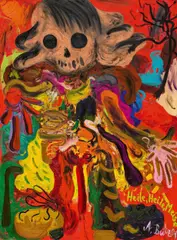"Heile, Heile, Meise" by André Butzer, 2001, Öl und Acryl auf Leinwand, sold Nov 2022